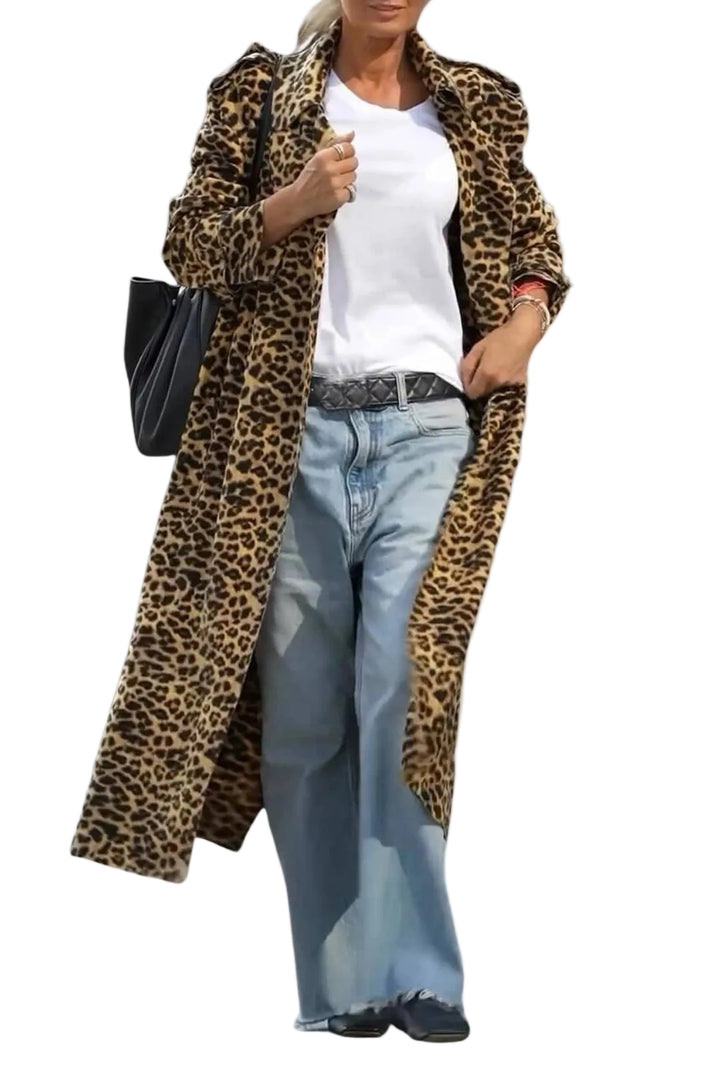 Women's Leopard Print Longline Open-Front Coat with Long Sleeves and Side Pockets