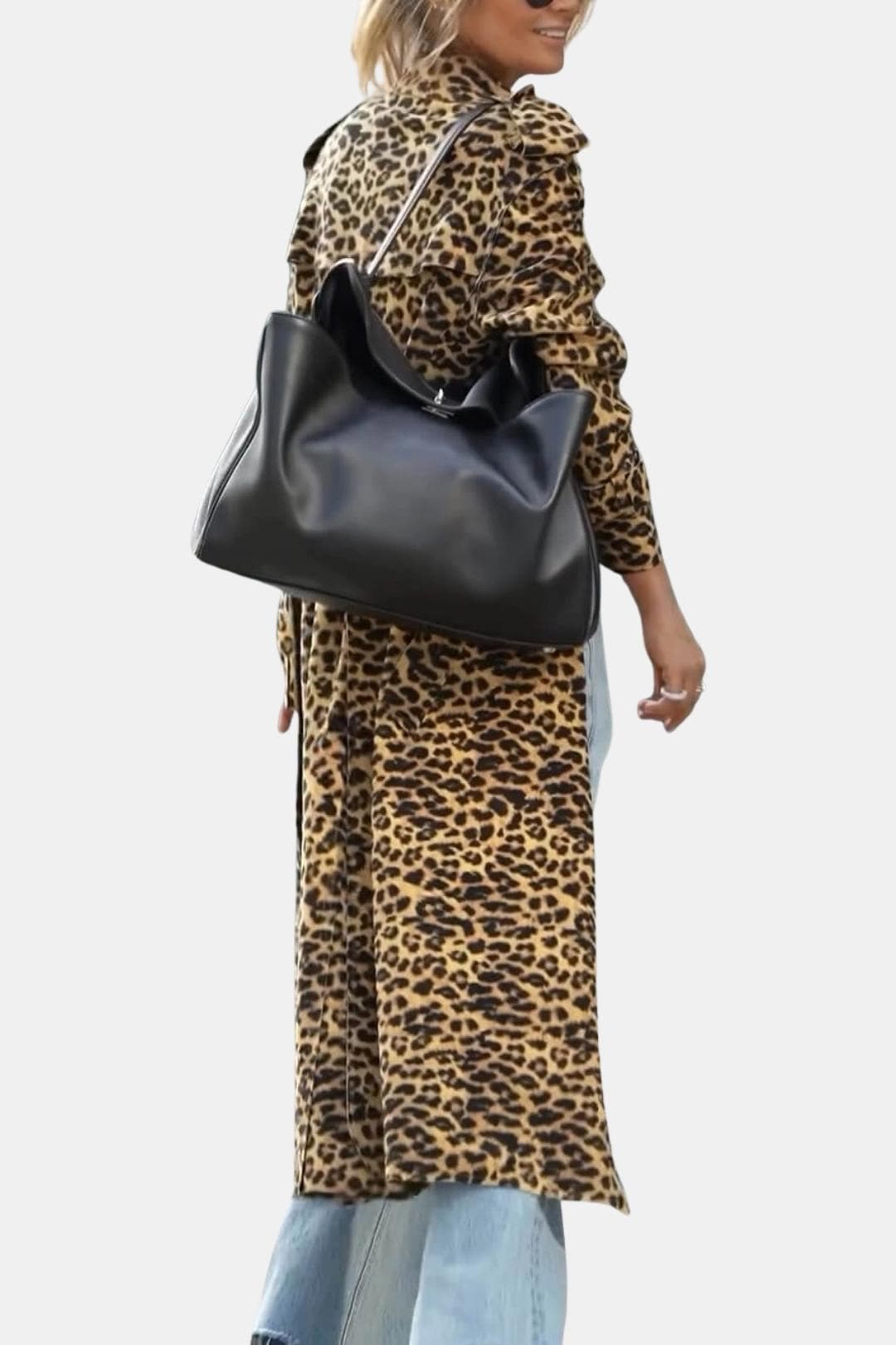 Women's Leopard Print Longline Open-Front Coat with Long Sleeves and Side Pockets