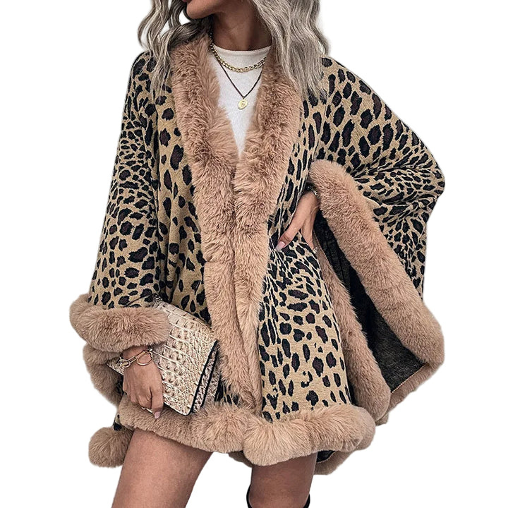 Women's Leopard Print Open-Front Cardigan with Fluffy Trim