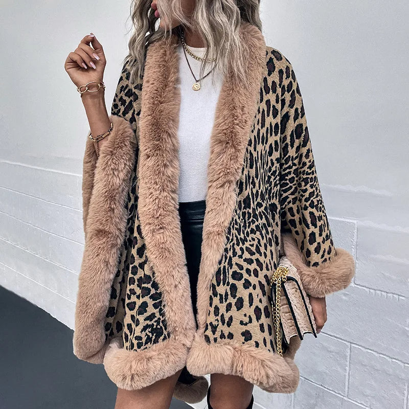 Women's Leopard Print Open-Front Cardigan with Fluffy Trim