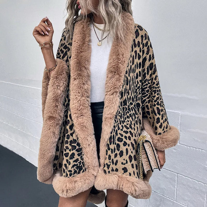 Women's Leopard Print Open-Front Cardigan with Fluffy Trim