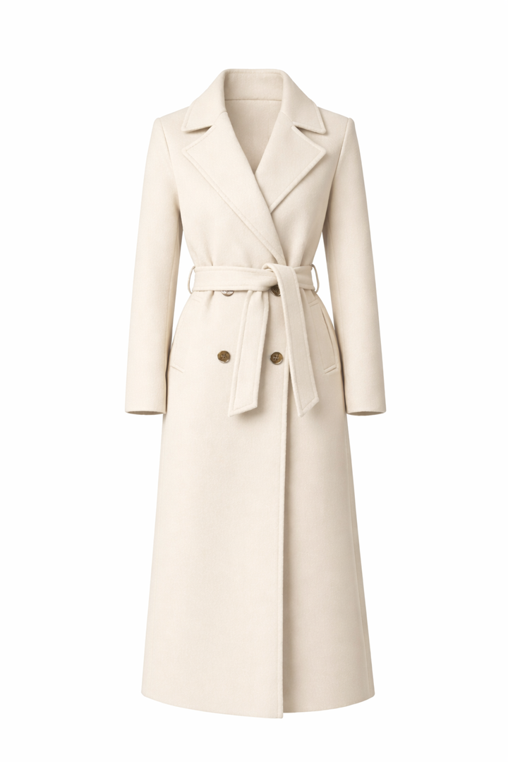 Women's Long Coat with Belt and Double-Breasted Front