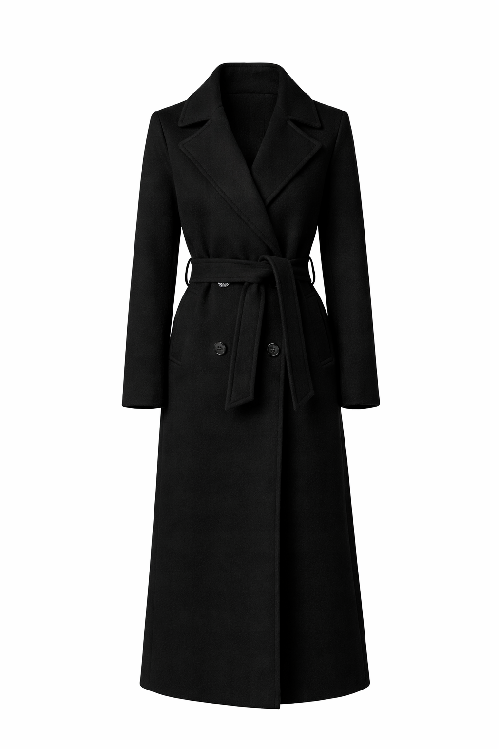 Women's Long Coat with Belt and Double-Breasted Front
