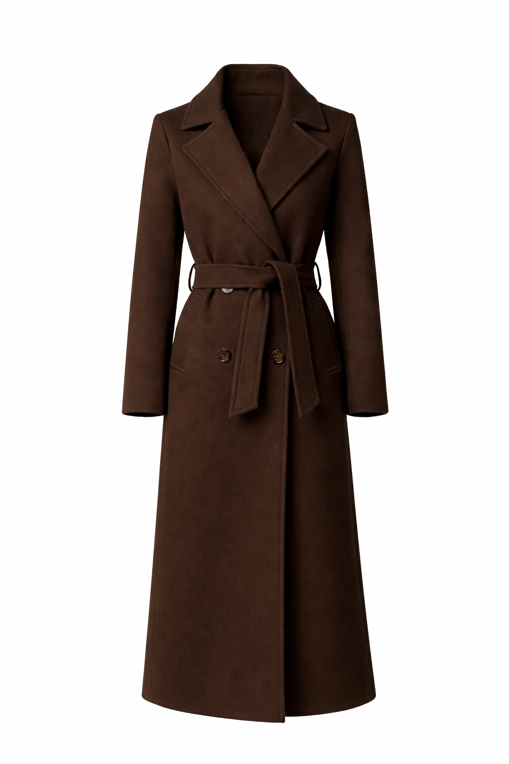 Women's Long Coat with Belt and Double-Breasted Front