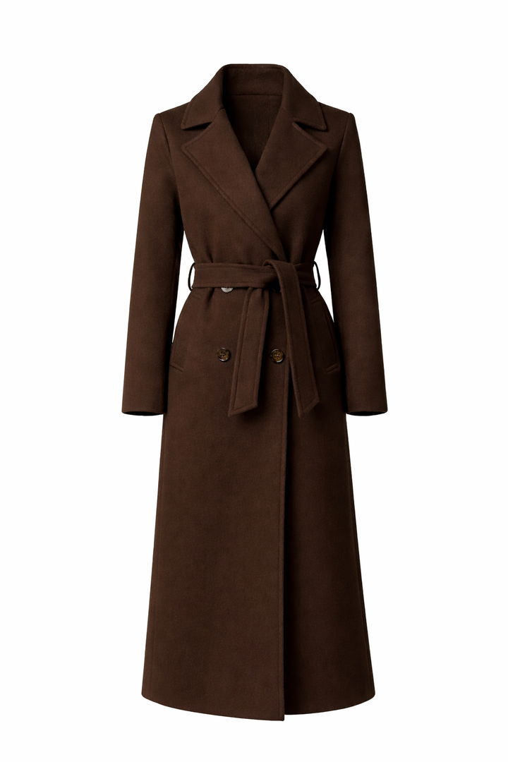 Women's Long Coat with Belt and Double-Breasted Front