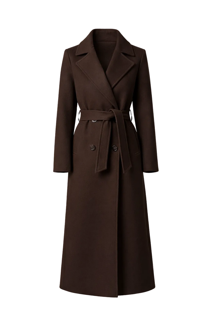 Women's Long Coat with Belt and Double-Breasted Front