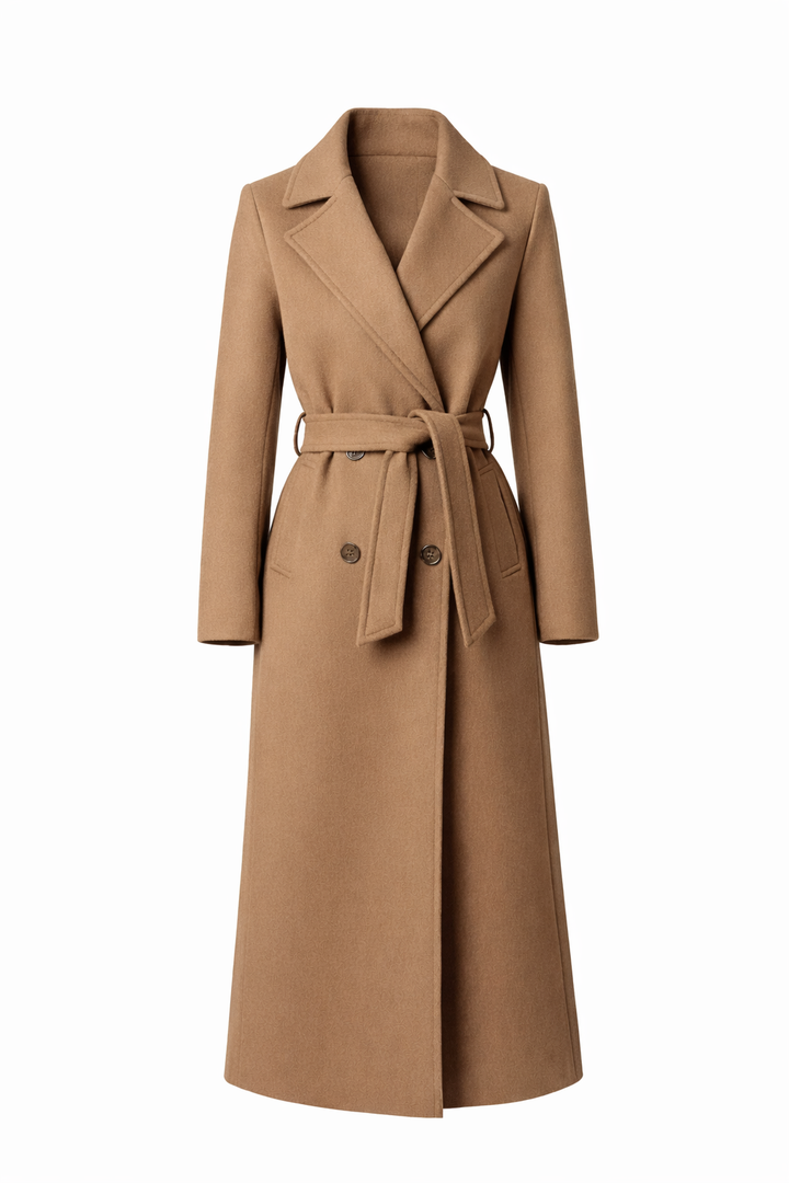 Women's Long Coat with Belt and Double-Breasted Front