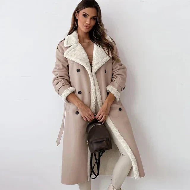 Women's Long Coat with Contrast Fleece Collar and Tie Belt