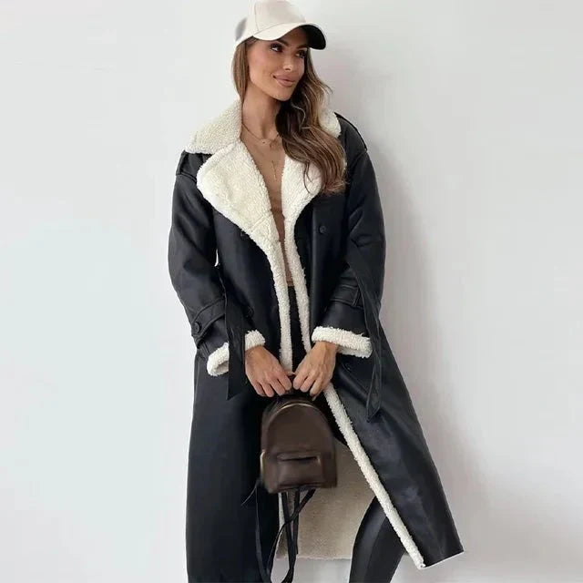 Women's Long Coat with Contrast Fleece Collar and Tie Belt