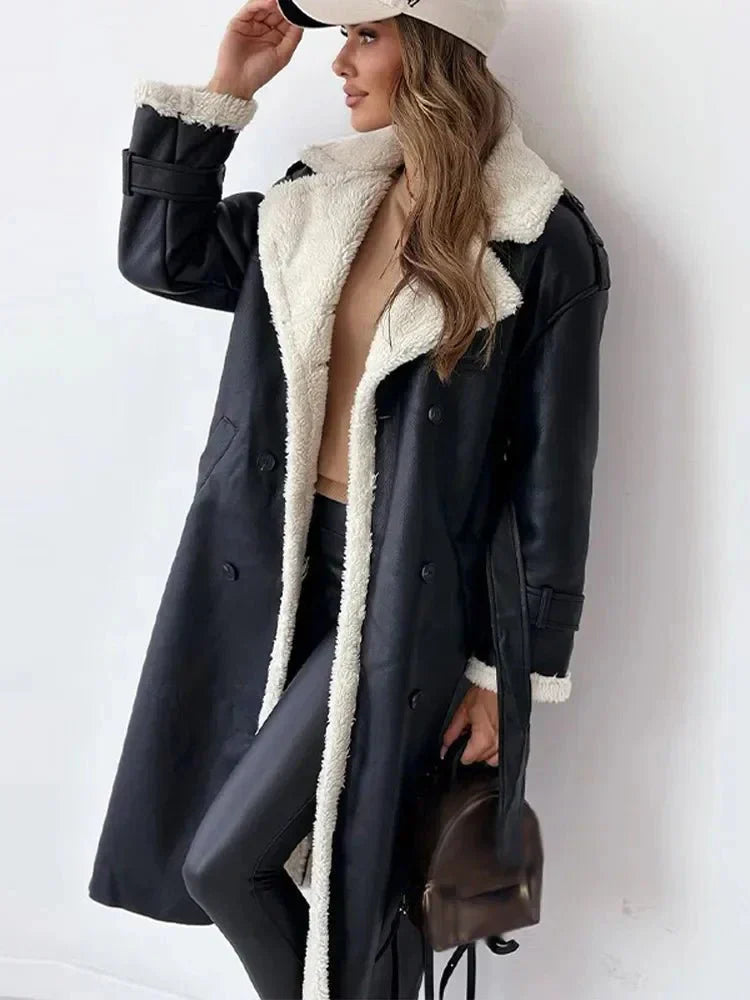 Women's Long Coat with Contrast Fleece Collar and Tie Belt