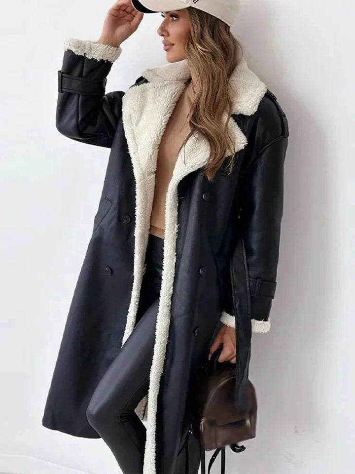 Women's Long Coat with Contrast Fleece Collar and Tie Belt