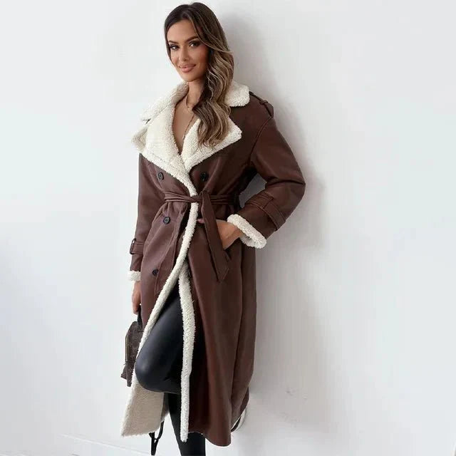 Women's Long Coat with Contrast Fleece Collar and Tie Belt