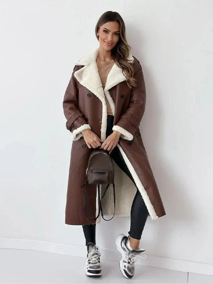 Women's Long Coat with Contrast Fleece Collar and Tie Belt