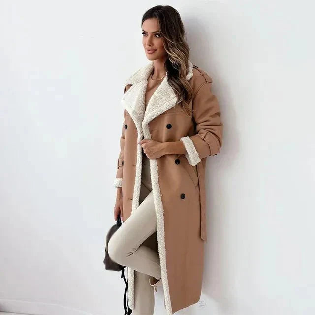 Women's Long Coat with Contrast Fleece Collar and Tie Belt