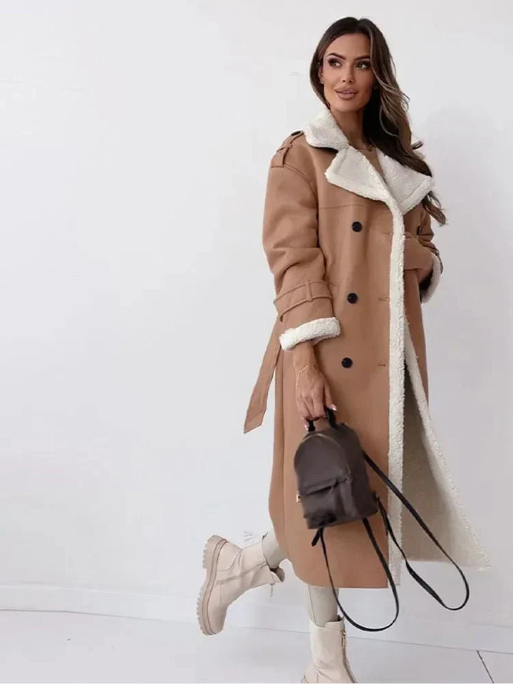 Women's Long Coat with Contrast Fleece Collar and Tie Belt
