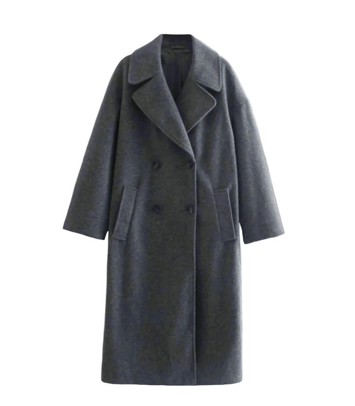Women's Long Coat with Double-Breasted Button Closure and Wide Lapels