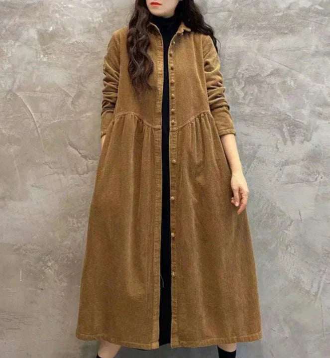Women's Long Coat with Full Button Placket and Shirt Collar