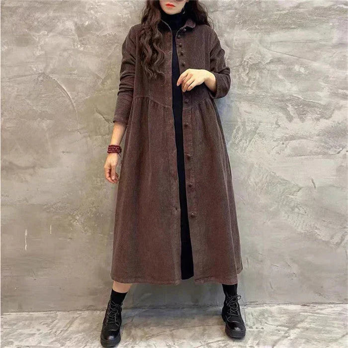 Women's Long Coat with Full Button Placket and Shirt Collar