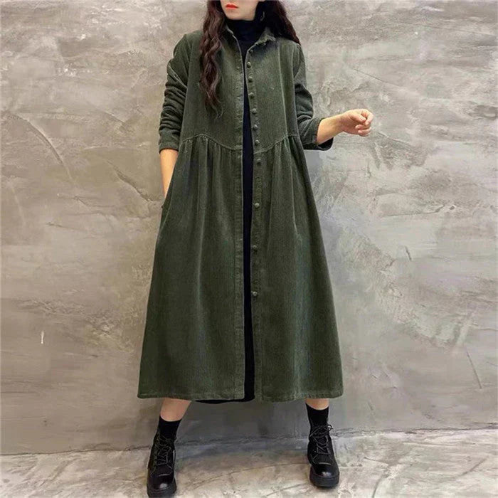 Women's Long Coat with Full Button Placket and Shirt Collar