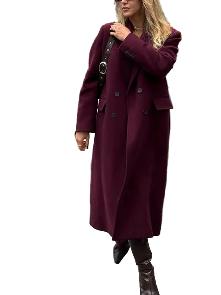 Women's Long Coat with Notched Lapel Collar and Button Front