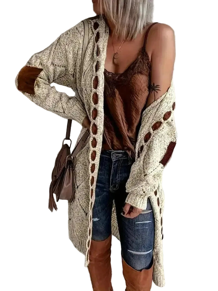 Women's Long Hooded Cardigan with Diamond Pattern and Elbow Patches