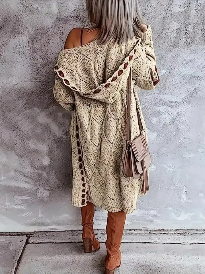 Women's Long Hooded Cardigan with Diamond Pattern and Elbow Patches