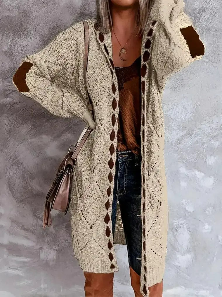 Women's Long Hooded Cardigan with Diamond Pattern and Elbow Patches