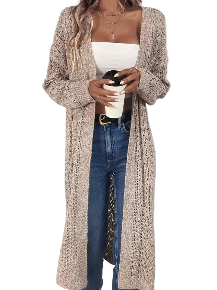 Ladies' Long Open Knit Cardigan with Side Slits and Lattice Knit Pattern