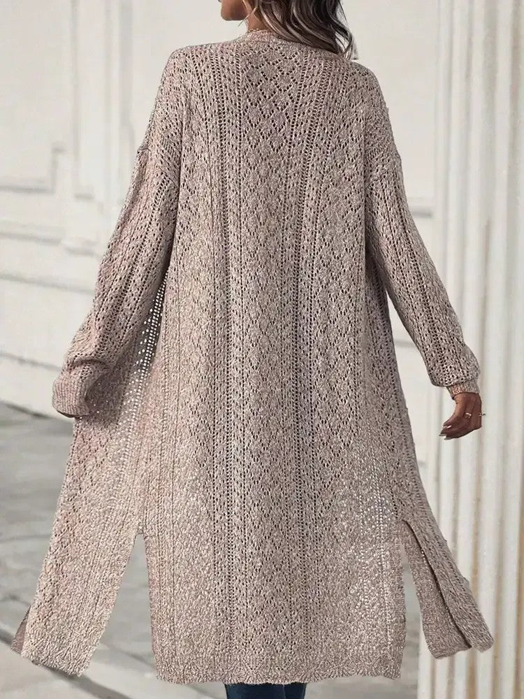 Ladies' Long Open Knit Cardigan with Side Slits and Lattice Knit Pattern