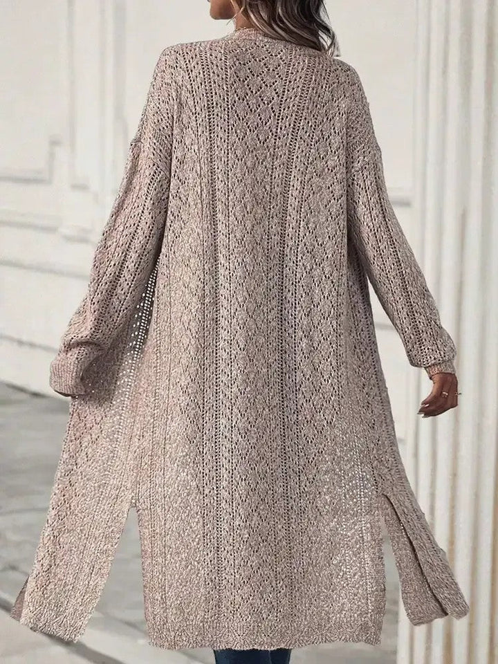 Ladies' Long Open Knit Cardigan with Side Slits and Lattice Knit Pattern