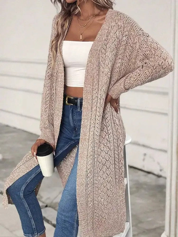 Ladies' Long Open Knit Cardigan with Side Slits and Lattice Knit Pattern