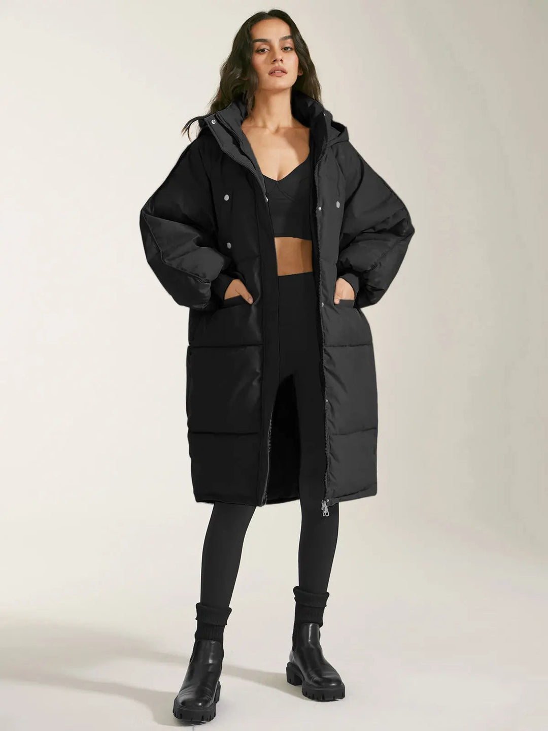 Women's Long Quilted Coat with Hood, Front Fastening and Side Pockets