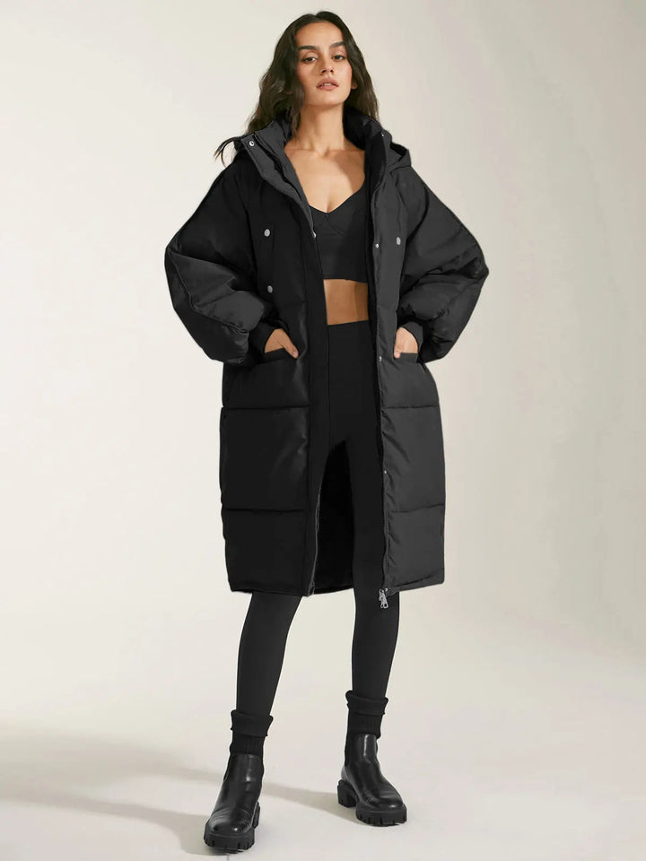 Women's Long Quilted Coat with Hood, Front Fastening and Side Pockets
