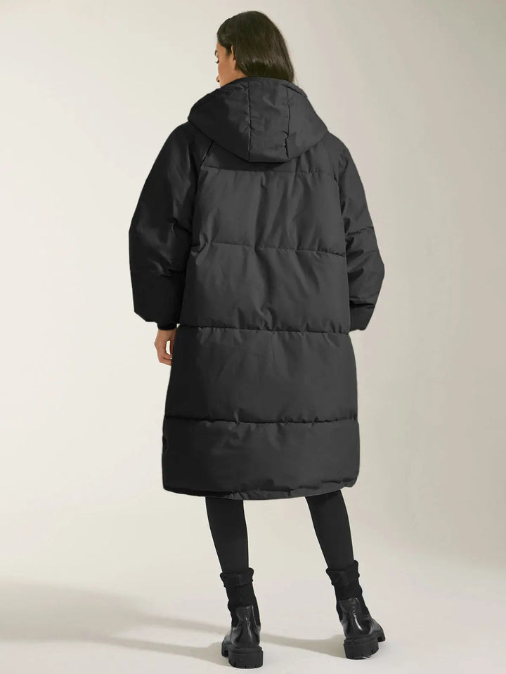 Women's Long Quilted Coat with Hood, Front Fastening and Side Pockets