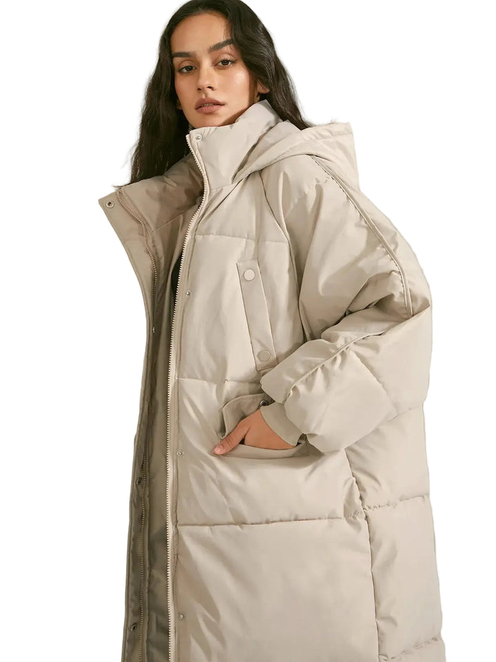 Women's Long Quilted Coat with Hood, Front Fastening and Side Pockets