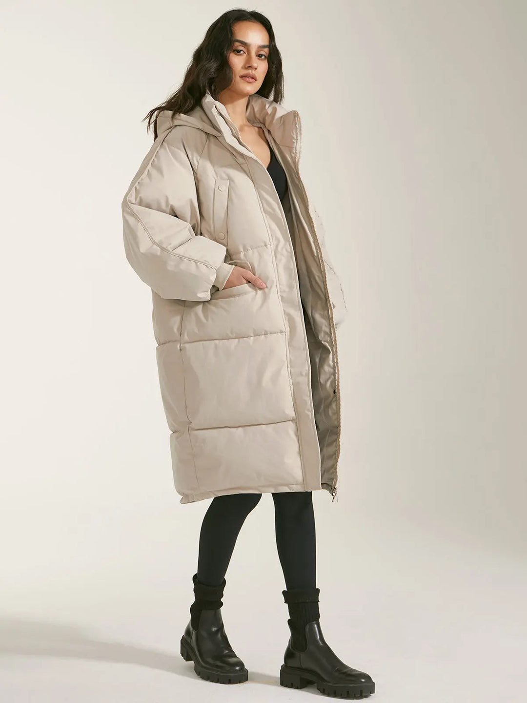 Women's Long Quilted Coat with Hood, Front Fastening and Side Pockets