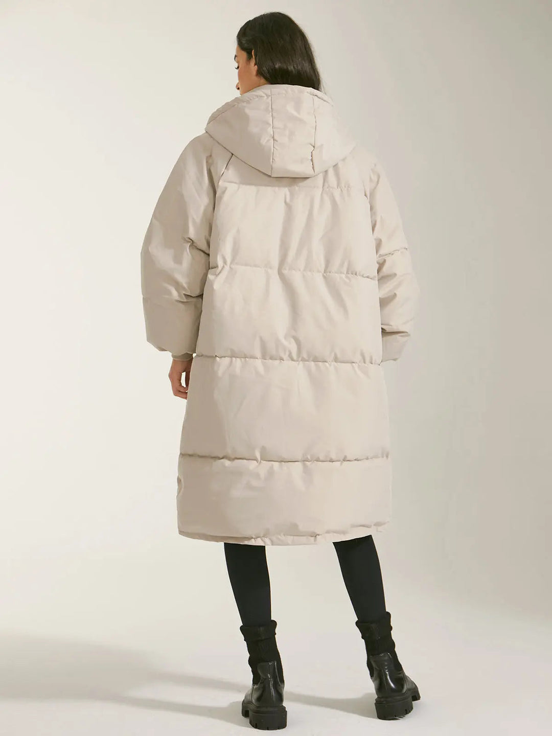 Women's Long Quilted Coat with Hood, Front Fastening and Side Pockets