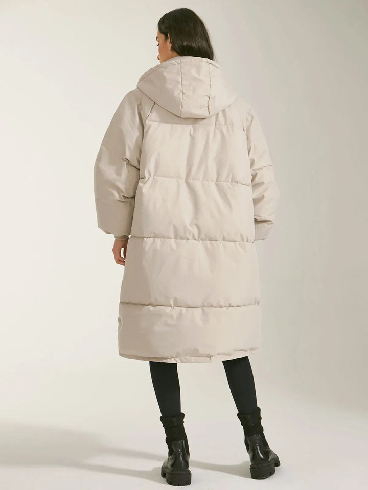 Women's Long Quilted Coat with Hood, Front Fastening and Side Pockets