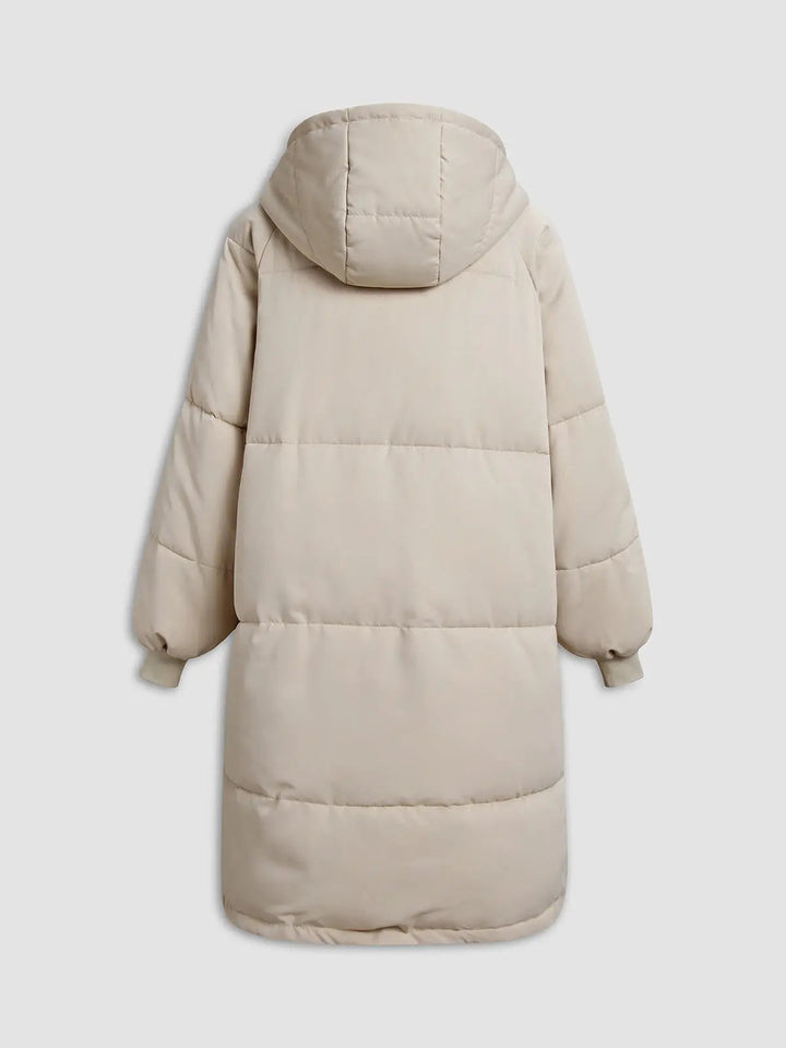 Women's Long Quilted Coat with Hood, Front Fastening and Side Pockets
