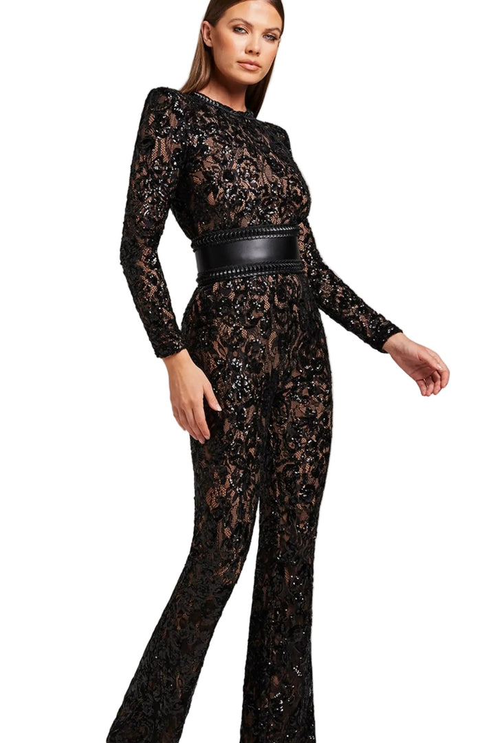Women's Long Sleeve Lace Overlay Jumpsuit with Round Neckline and Full-Length Legs