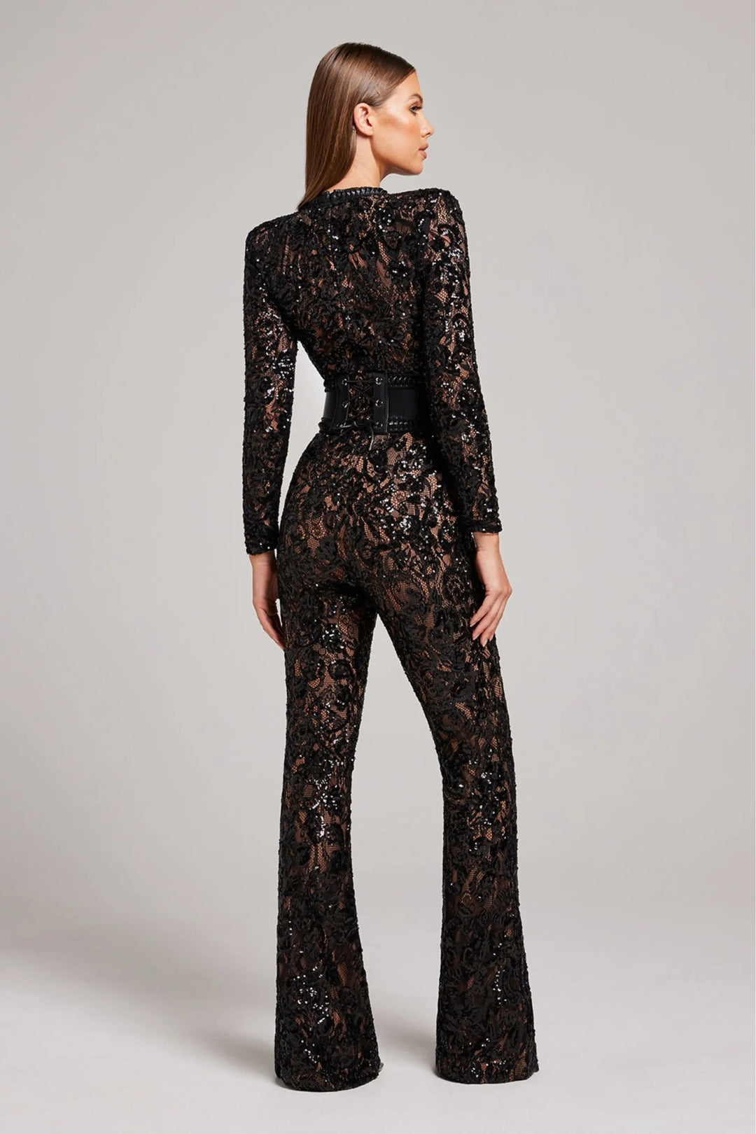Women's Long Sleeve Lace Overlay Jumpsuit with Round Neckline and Full-Length Legs