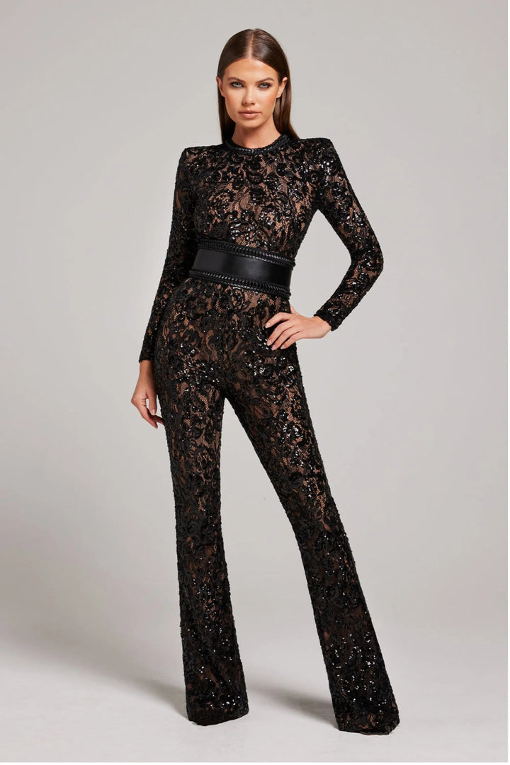 Women's Long Sleeve Lace Overlay Jumpsuit with Round Neckline and Full-Length Legs