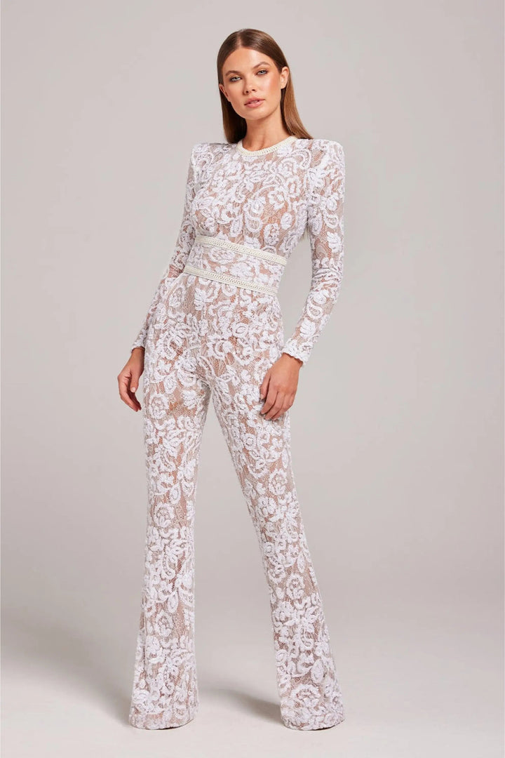 Women's Long Sleeve Lace Overlay Jumpsuit with Round Neckline and Full-Length Legs