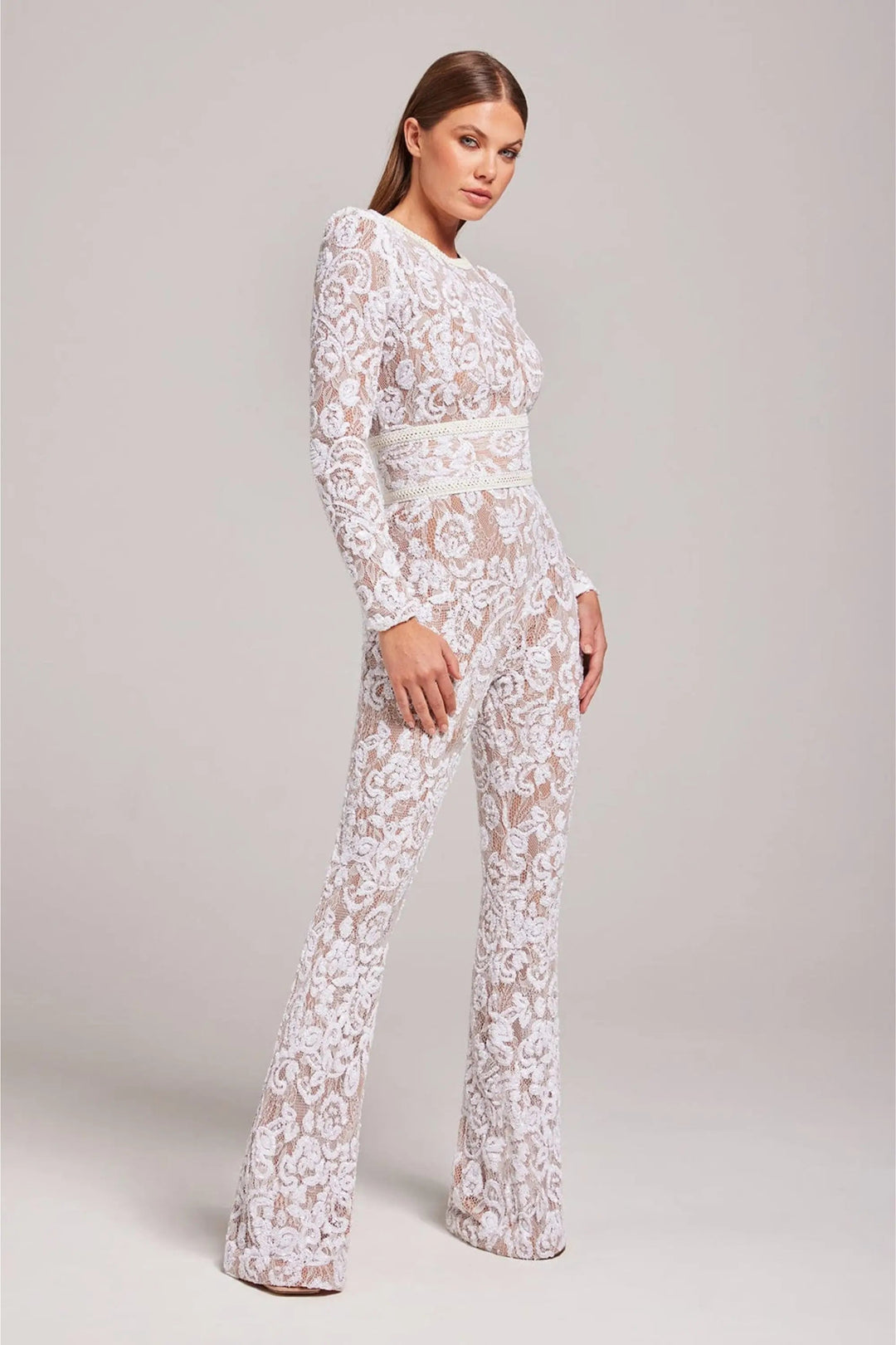 Women's Long Sleeve Lace Overlay Jumpsuit with Round Neckline and Full-Length Legs