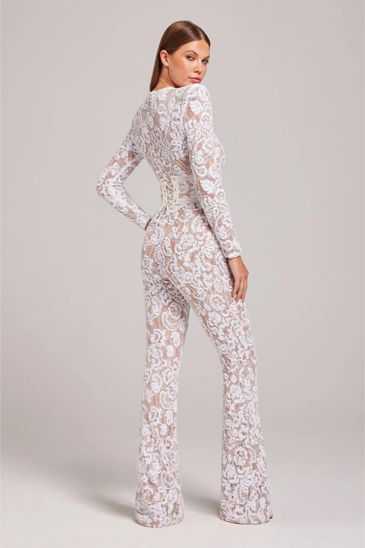 Women's Long Sleeve Lace Overlay Jumpsuit with Round Neckline and Full-Length Legs