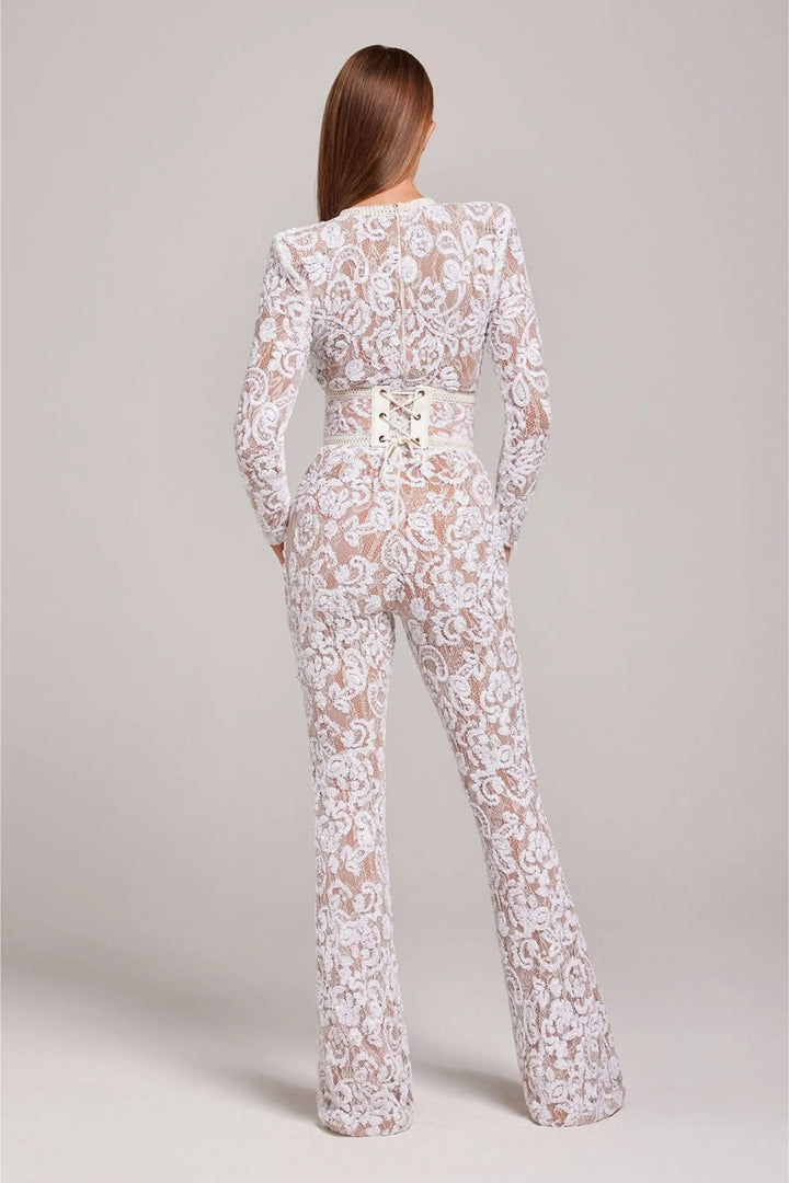 Women's Long Sleeve Lace Overlay Jumpsuit with Round Neckline and Full-Length Legs