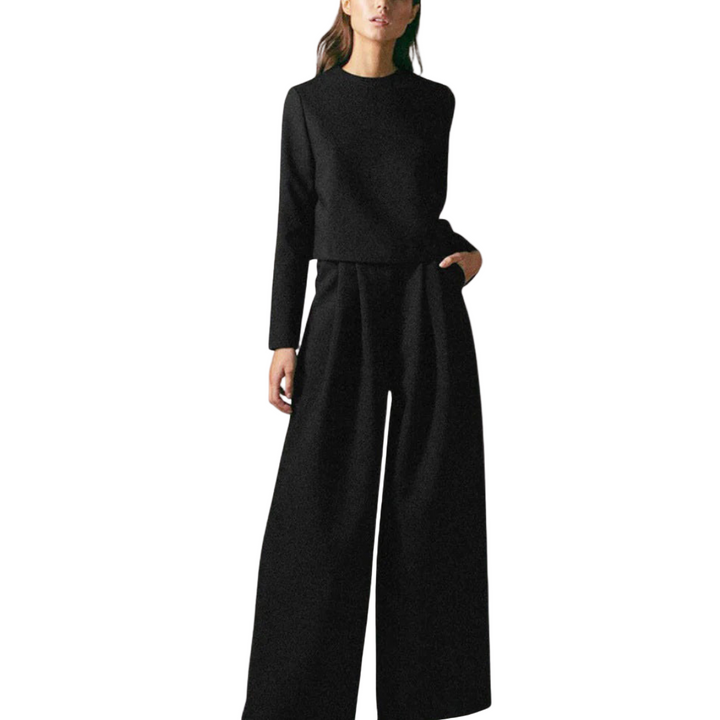 Women's Long Sleeve Top and Wide-Leg Trousers Set with Round Neckline