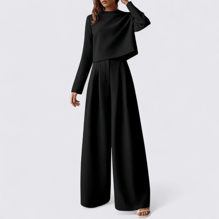 Women's Long Sleeve Top and Wide-Leg Trousers Set with Round Neckline