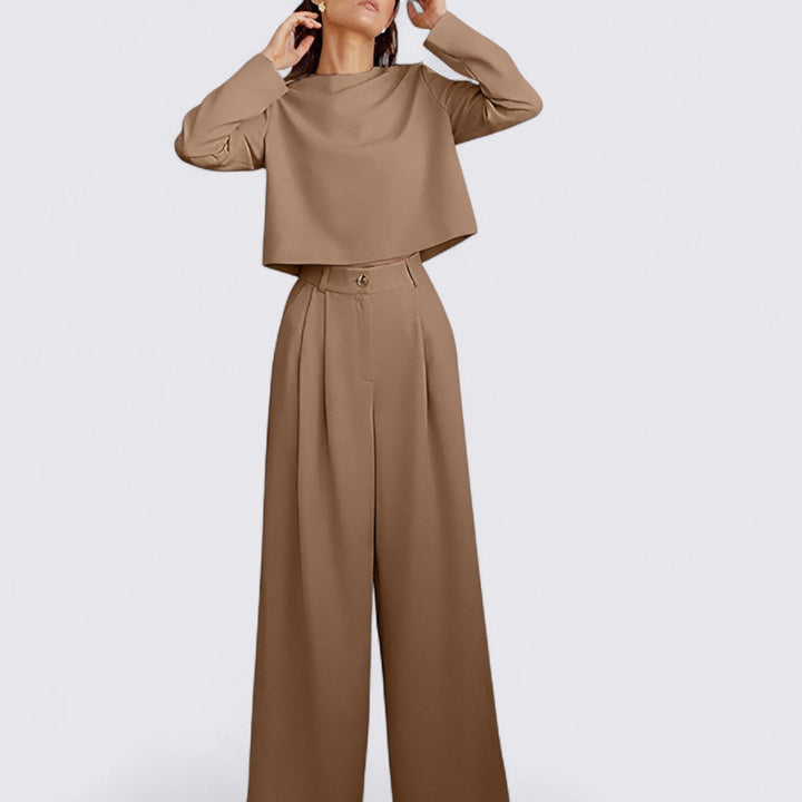 Women's Long Sleeve Top and Wide-Leg Trousers Set with Round Neckline