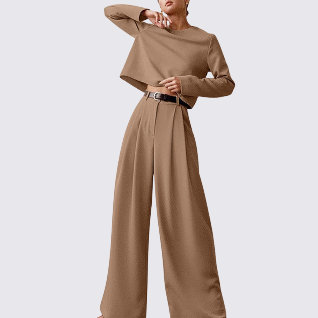 Women's Long Sleeve Top and Wide-Leg Trousers Set with Round Neckline